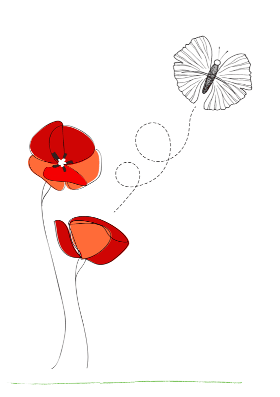 Logo Vert l'essentiel : deux coquelicots et un papillon aux ailes de ginkgo.
